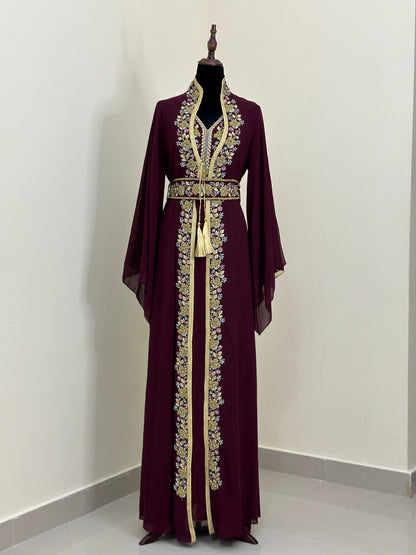 Embellished Three-pieces Kaftan Dress &  jacket with Belt - قفطان مطرز من 3 قطع - DARK RED