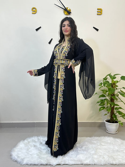 Embellished Three-pieces Kaftan Dress &  jacket with Belt - قفطان مطرز من 3 قطع - BLACK