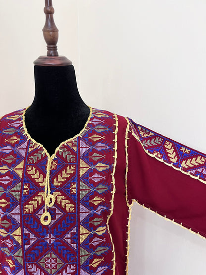 Long-Sleeve  Embroidered Jalabiya - جلابية مطرزة - DARK RED
